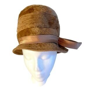 Womens Cloche Hat Bowler Hat Tan Faux Fur Mod Satin Sash Bow Germany 8" Vintage